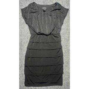 Enfocus Petite Sheath Dress Women 4P Black Glitter Layered Skirt Cap Sleeve